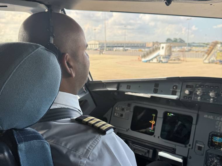 An airline captain at the controls on the flight deck before departure